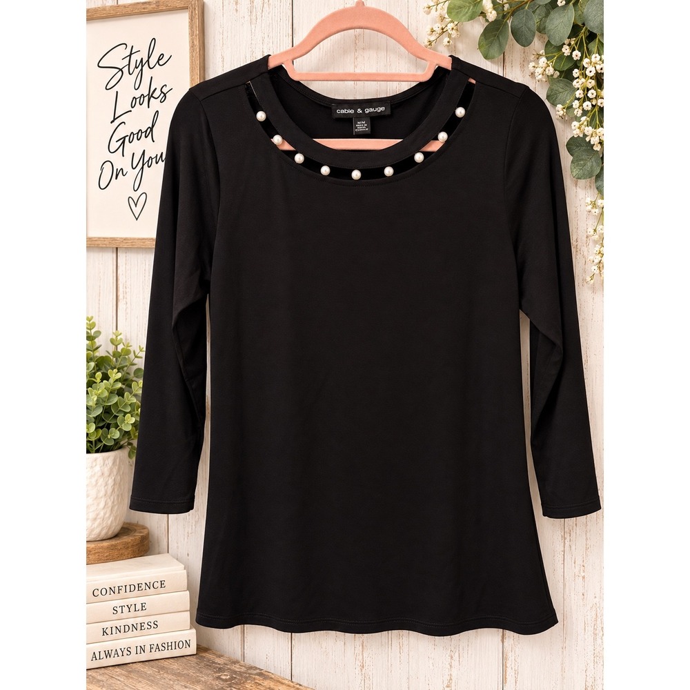 Cable & Gauge Black Faux Pearl Cutout Neck 3/4 Sleeve Top Medium NEW